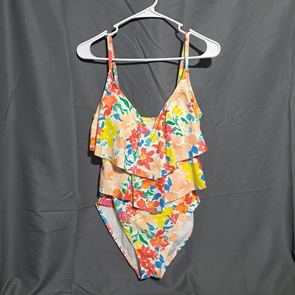 Ellen Tracy Sz 8 Multicolor Ruffled One‎ Piece Swimsuit V Neck